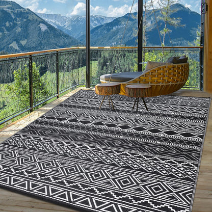 COZYLOOM Outdoor Rug 10' x 20' Waterproof for Patios Clearance, Reversible Outdoor Plastic Straw Camping Rug Carpet, Large Rugs Mats for RV, Camper, Deck, Balcony, Porch, Beach, Picnic,Black & White