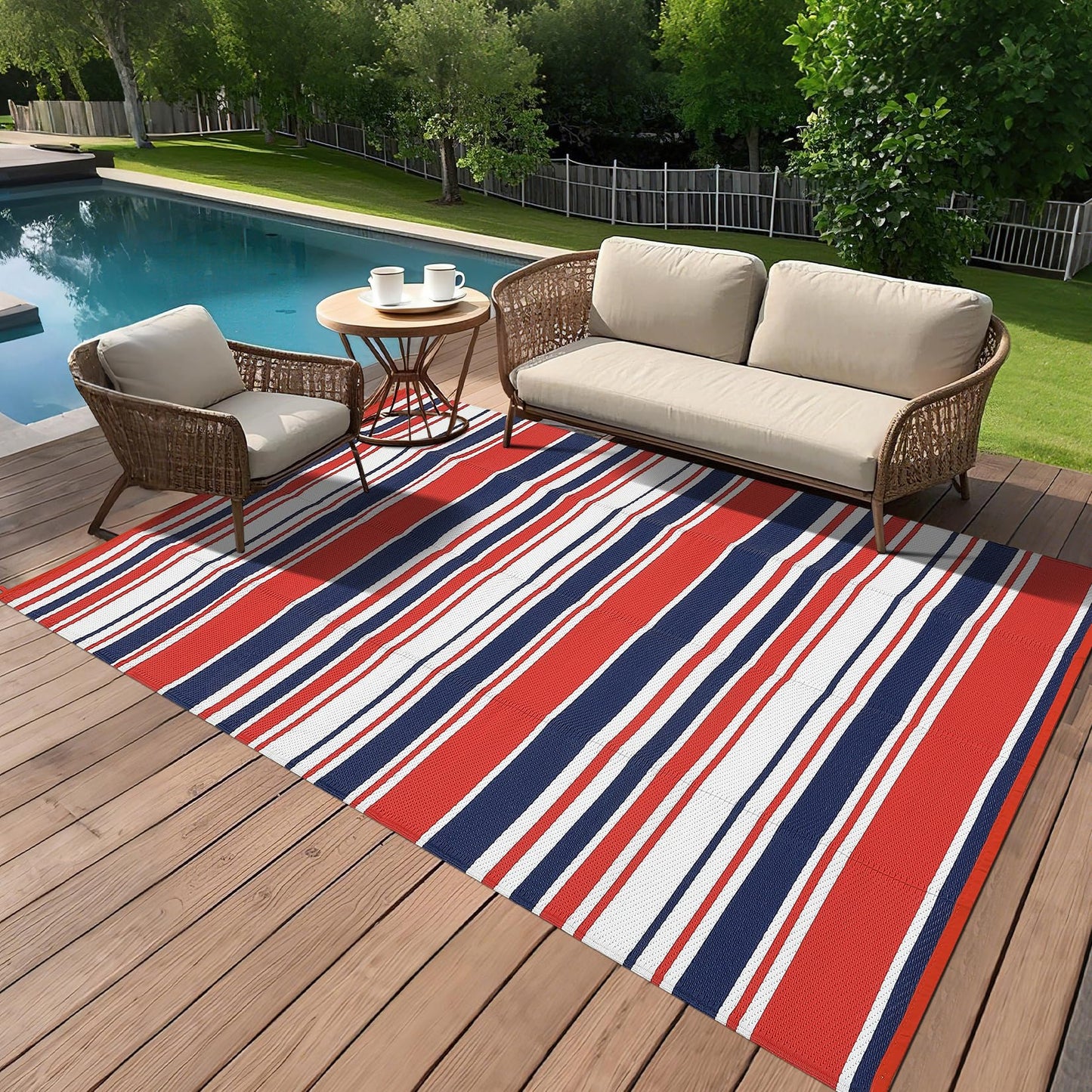 GAOMON 10x20 Outdoor Rug Waterproof for Patio Plastic Straw Large Rug Geometric Stripe Indoor Outdoor Area Rug Modern Lines Outdoor Camping Rugs for RV Porch Deck Backyard Balcony, Red Navy White