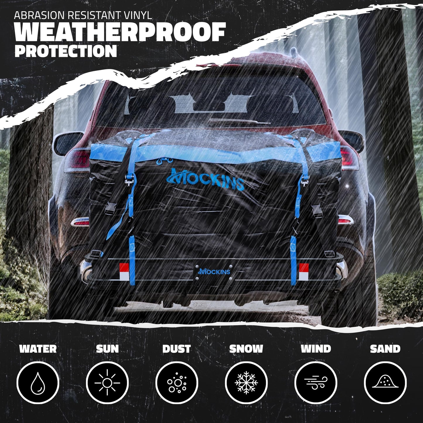 Mockins 2-in-1 Trailer Hitch Cargo Carrier Bench 48"x18"x6" w/ 15 CuFt Waterproof Truck Bed Storage Bag | 500 Lb Capacity Folding Cargo Hitch Carrier Tailgate Seat Bundle w/Stabilizer, Straps, & Lock