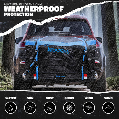 Mockins 2-in-1 Trailer Hitch Cargo Carrier Bench 48"x18"x6" w/ 15 CuFt Waterproof Truck Bed Storage Bag | 500 Lb Capacity Folding Cargo Hitch Carrier Tailgate Seat Bundle w/Stabilizer, Straps, & Lock