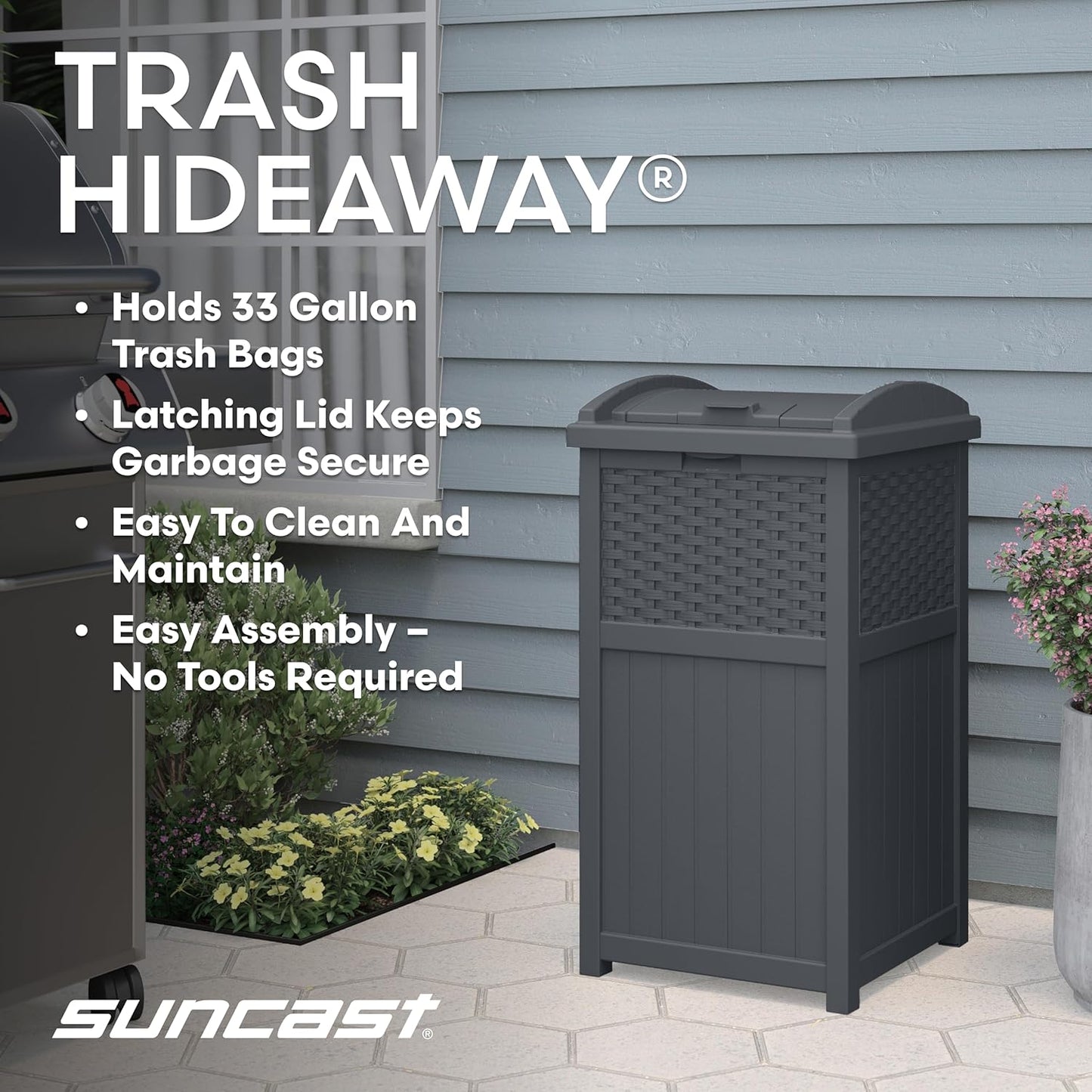 Suncast 33 Gallon Wicker-Style Trash Can - Weather-Resistant with Secure Latching Lid | Cyberspace Grey