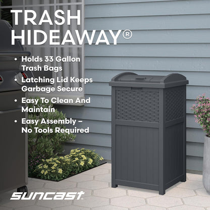 Suncast 33 Gallon Wicker-Style Trash Can - Weather-Resistant with Secure Latching Lid | Cyberspace Grey