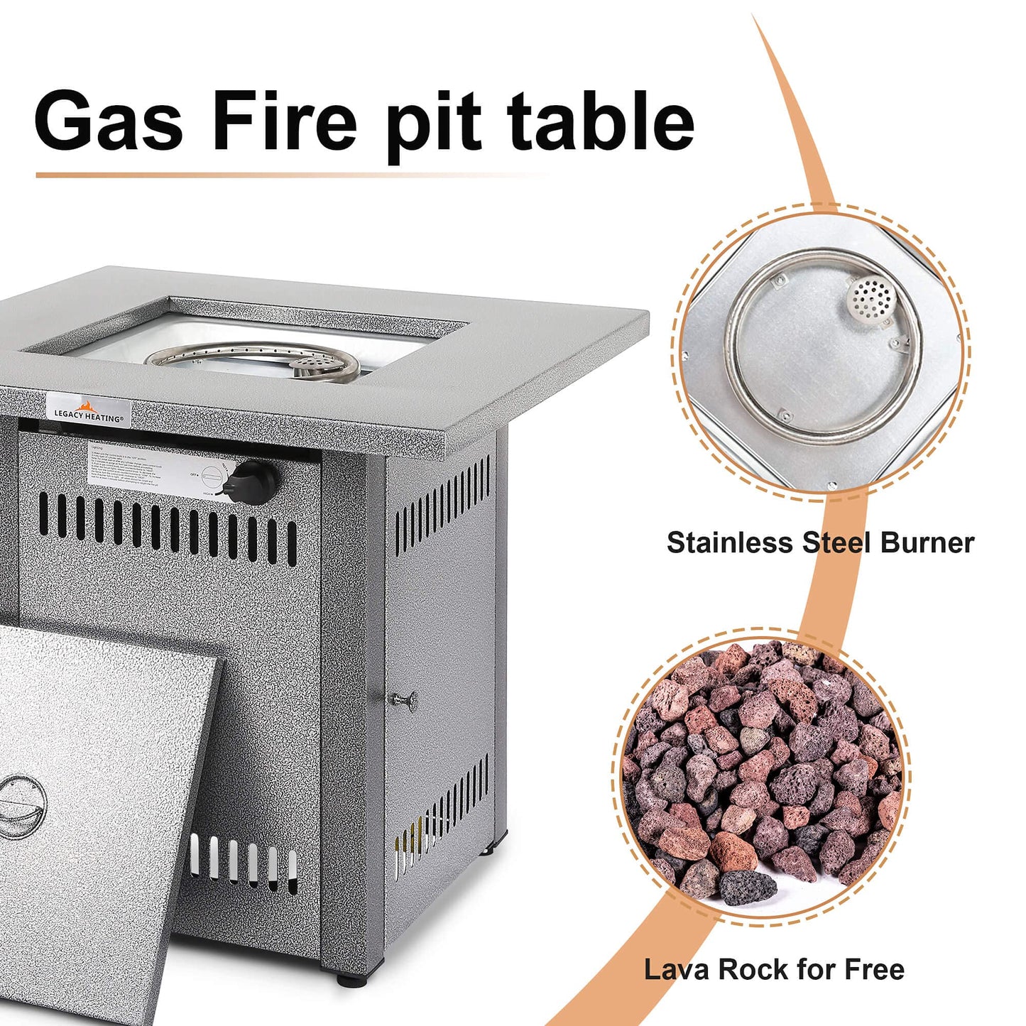 Fire Pit Table, Gas Firepit Square Steel Fire Pit Outdoor Fireplace for Patio with Pulse Ignition System, Small Fire Pit for Deck and Garden, 50000BTU, Silver Grey