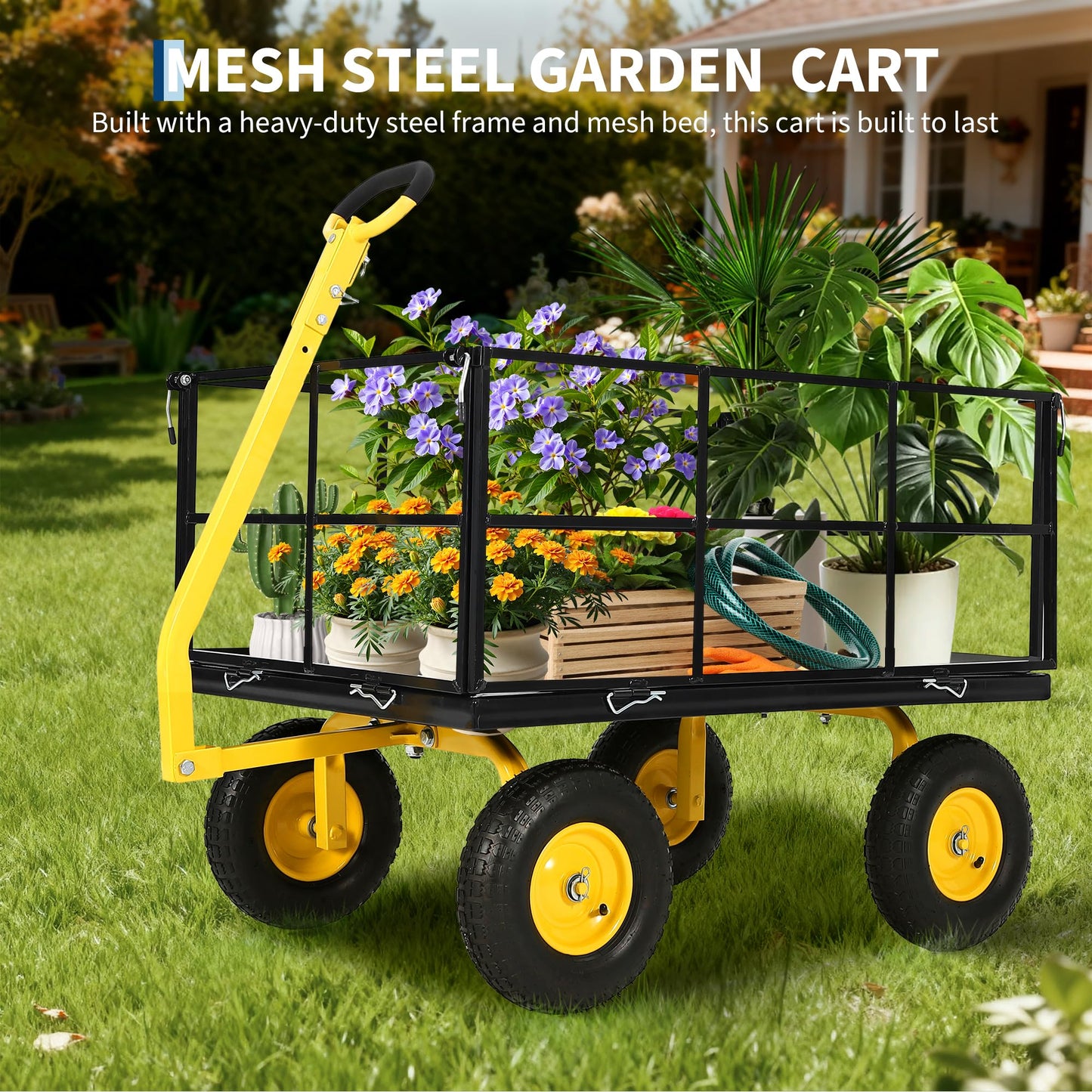 Heavy Duty 1500 Lbs Capacity Mesh Steel Garden Cart Folding Utility Wagon with Removable Sides, Garden Cart on Wheels for Gardening Soil, Tools, and Plant Transport