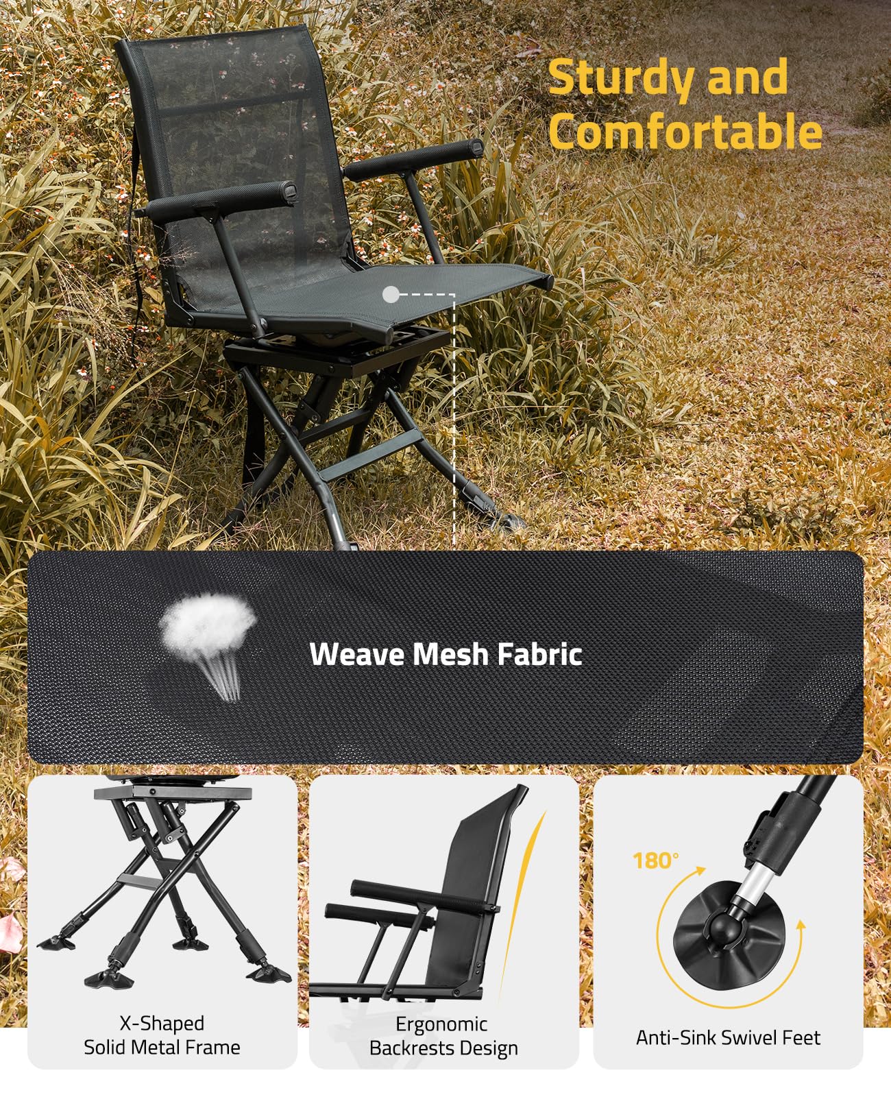 Trakiom Swivel Hunting Chairs for Blinds Hunting Blind Chair 360 Degree Silent Swivel Camping Chair Portable Hunting Seat Height Adjustable Foldable with Armrest