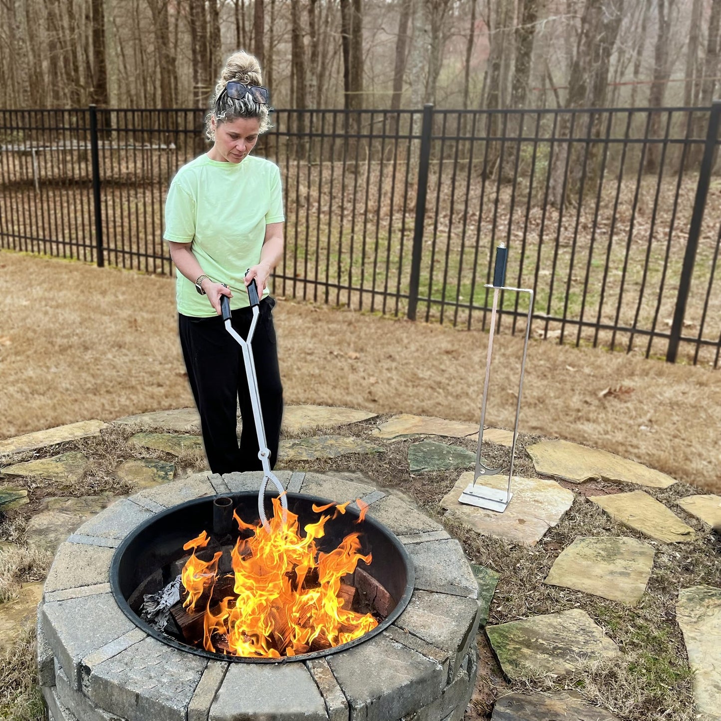 CKLT Stainless Steel Fire Pit Tools Set with 40" Fire Poker and Log Tongs, Fireplace Tools with Sturdy Stand Base, Firewood Log Grabber for Campfire Backyard Bonfire Wood Stove Indoor&Outdoor