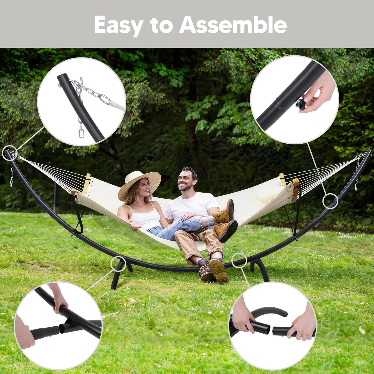SUNCREAT Hammocks for Outside with Stand, Porch Hammock and Stand, 475 lbs Capacity, Patent Pending, Beige