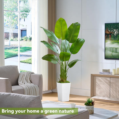 Bird of Paradise Artificial Plant, 5FT Faux Plants Indoor Banana Leaf Tree with 9 Leaves, Large Fake Tropical Potted Indoor Silk Floor Plant with White Tall Planter for House,Office,Room,Home Decor