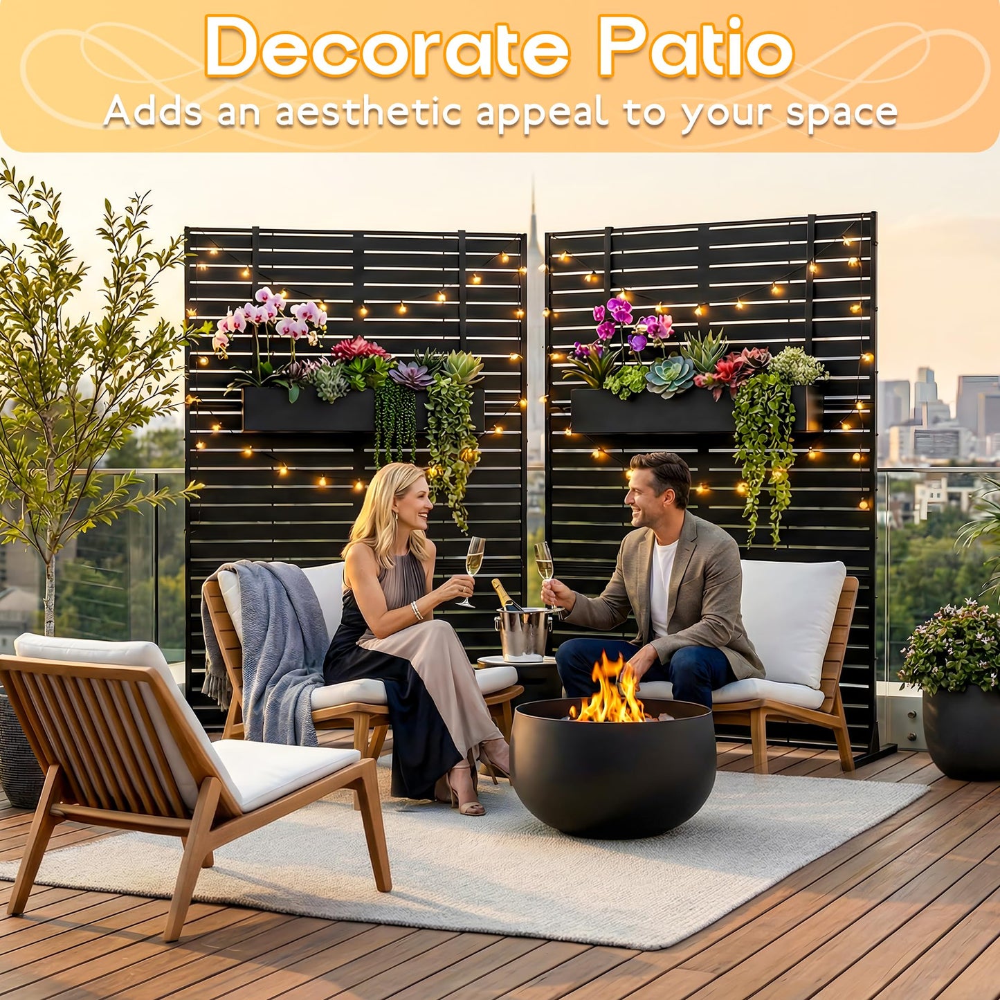 MTART Metal Privacy Screen 72" H x 47.2" Decorative Outdoor Privacy Screen Privacy Panel with Stand for Balcony Deck Patio Lawn Garden, Privacy Fence (Black-Louvered)