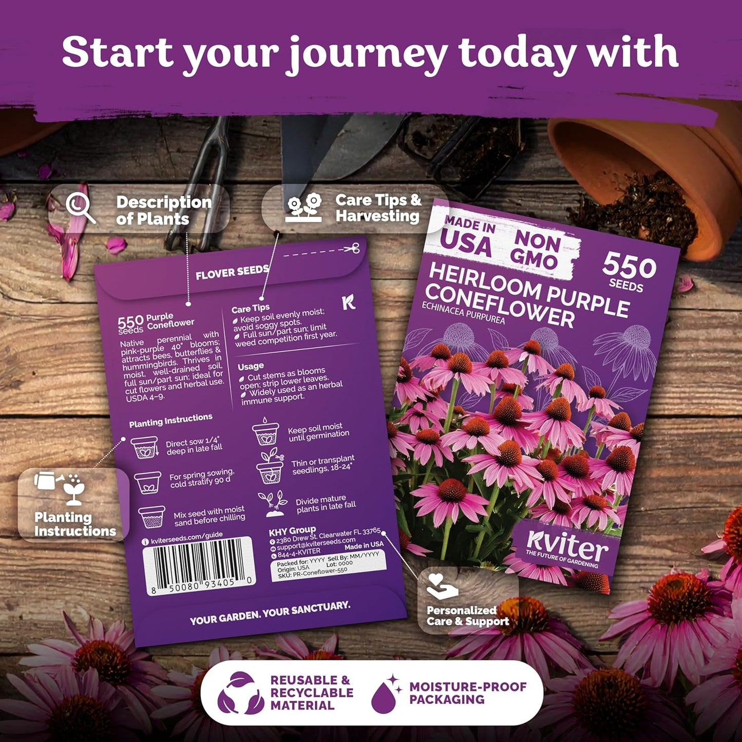 KVITER 550 Purple Coneflower Seeds | Echinacea Purpurea Herb Flower Seeds for Medicinal Gardens - Pollinator-Friendly