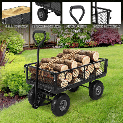 Steel Garden Cart, 500 Lbs Heavy-Duty Garden Wagon Cart Pullable on Wheels,Metal Yard Utility Wagon Carts with Removable Cart Liner, Black