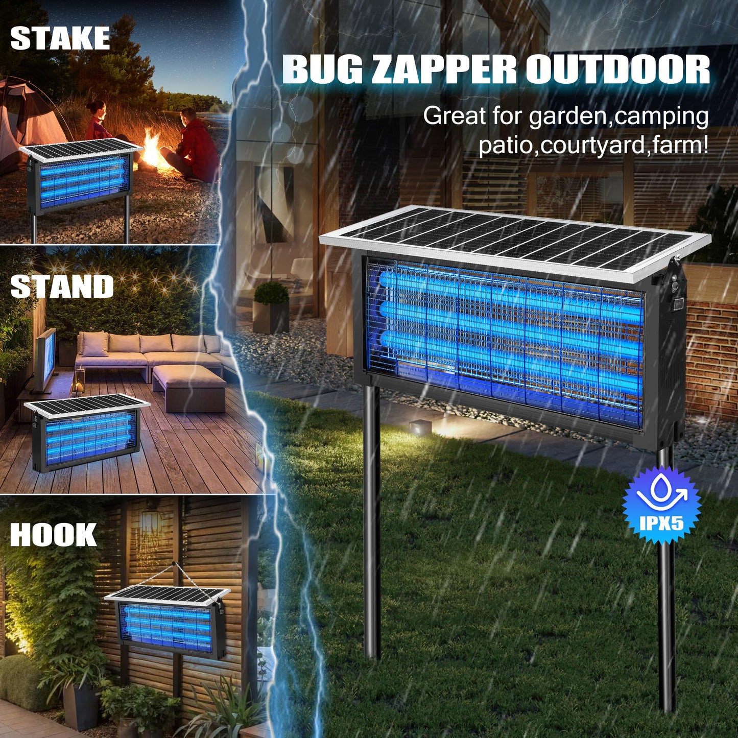 Solar Bug Zapper Outdoor - Mosquito Electric Fly Zapper 30W Waterproof - Cordless Solar Powered Bug Zapper for Patio Garden Backyard RV Camping Pond