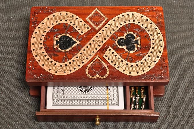 PALM ROYAL HANDICRAFTS 2 Track Cribbage Board Game Set with Magnetic Pull Drawer Playing Cards - Metal Pegs - Storage Available Travel Portable Cribbage Game Sets for Family. (Size - 6.5 x 4).