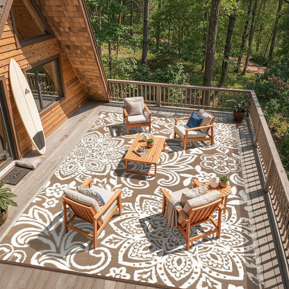 Findosom Waterproof Outdoor Rug 9' x 18' - Reversible Mandala Outdoor Plastic Straw Rug, Durable Foldable Patio Rug for RV, Deck, Balcony, Backyard, Picnic, Porch, Camping, Beach, Brown
