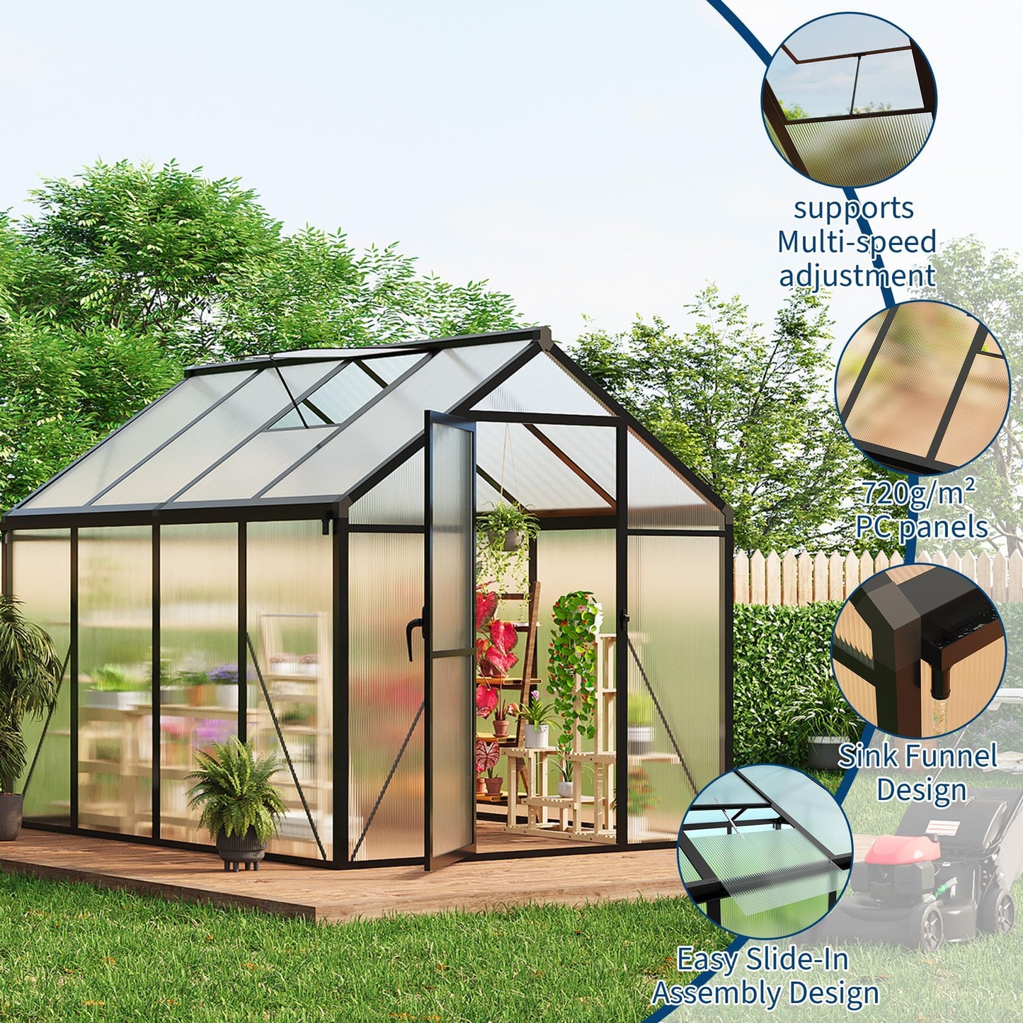 GarveeLife 6x8 FT Greenhouse for Outdoors, Polycarbonate Greenhouse with Roof Vent, Ground Nails, Lockable Push Door, Aluminum Large Walk-in Green House for Outside Garden Backyard, Patio, Lawn, Black