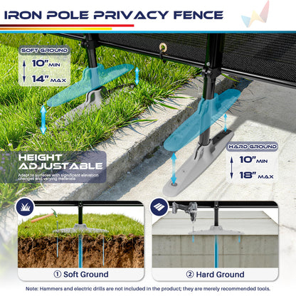 Windscreen4less Outdoor Privacy Fence Screen, 6'x24' Freestanding Privacy Fencing Set with Iron Poles and Ground Spikes, UV Resistant Mesh Cover Garden Pet Fencing for Backyard Patio Pool, Black
