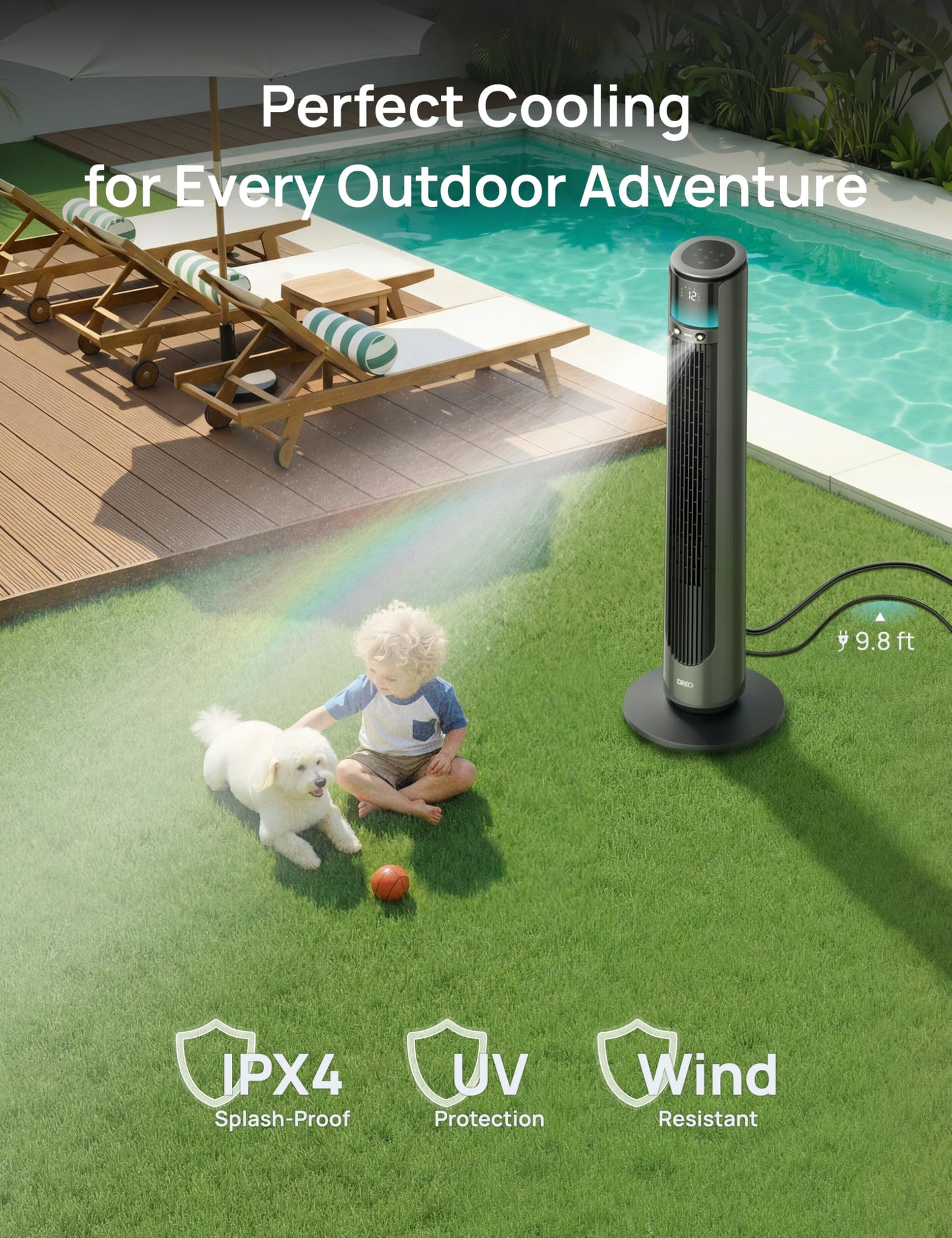 DREO TurboCool Outdoor Misting Fan 711AS, 33 ft/s High Velocity, 12 Speeds, 4 Modes Smart Standing Floor Fan, 150° Customizable Oscillating, 20 dB Quiet DC Motor for Bedroom, Weather Resistant