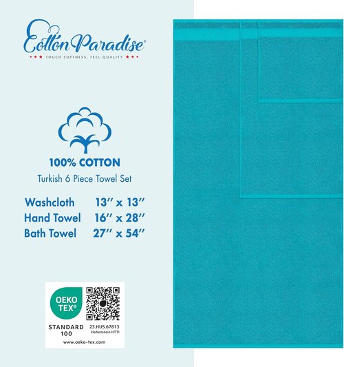 Cotton Paradise 6-Piece Towel Set | 100% Soft Absorbent Turkish Cotton | Aqua Blue Bath Towels