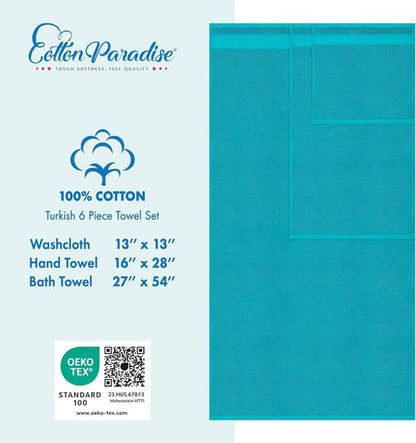 Cotton Paradise 6-Piece Towel Set | 100% Soft Absorbent Turkish Cotton | Aqua Blue Bath Towels