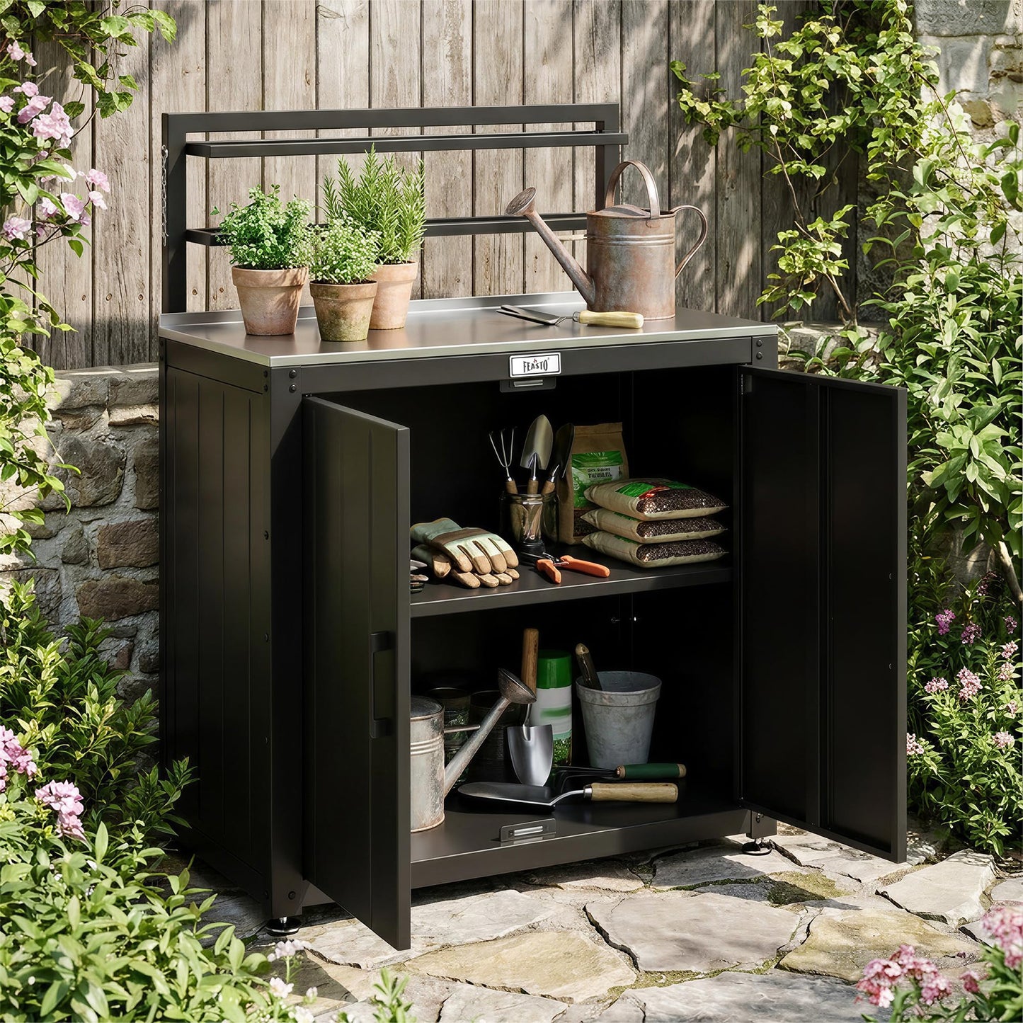 Feasto Outdoor Potting Bench Table with Storage Cabinet, Stainless Steel Garden Workstation, Raised-Edge Top, Adjustable Shelf & Removable Hutch for Patio, Balcony & Outdoor Workspace, Black