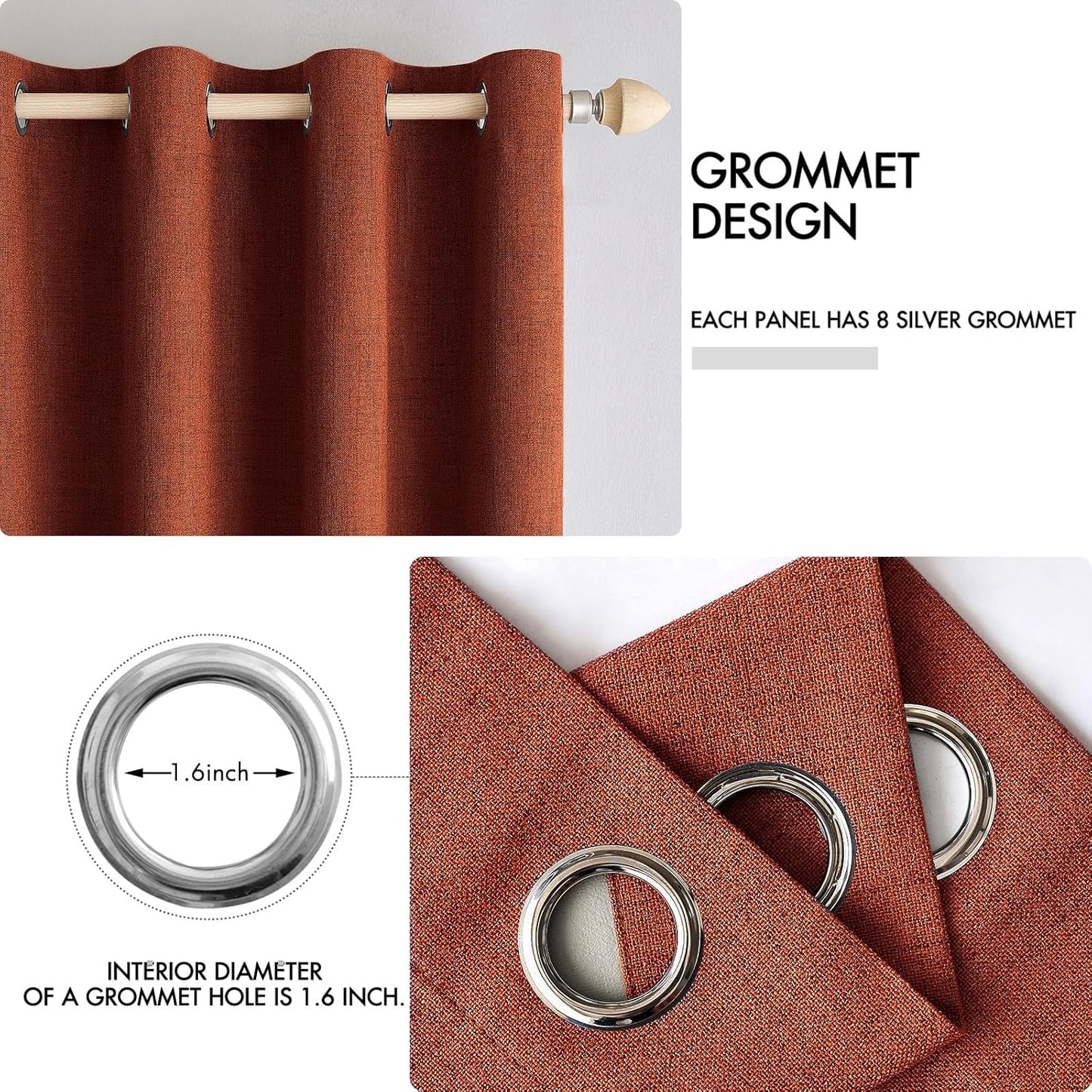 MIULEE Blackout Linen Curtains - Thermal Insulated Grommet Drapes in Burnt Orange | 52 x 90 Inch (2 Panels)