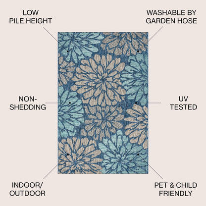 JONATHAN Y Floral Textured Weave Indoor Outdoor Area Rug 8X10 Navy/Aqua, Zinnia Modern for Backyard, Patio, Porch, Easy-Cleaning, High Traffic, Pet-Friendly, Non-Shedding (SMB110C-8)