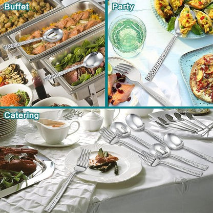 E-far Hammered Serving Utensils Set - Stainless Steel 8.7 Inch Square Hostess Set | Dishwasher Safe & Mirror Finished
