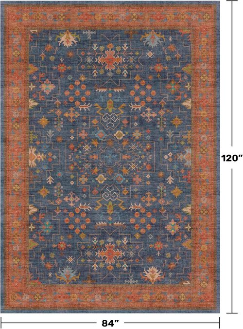 Hazo Haus Washable Navy Blue Area Rug - 7x10 Low Pile Non-Slip Stain Resistant Design for Living Room & Bedroom | Boho Home Decor