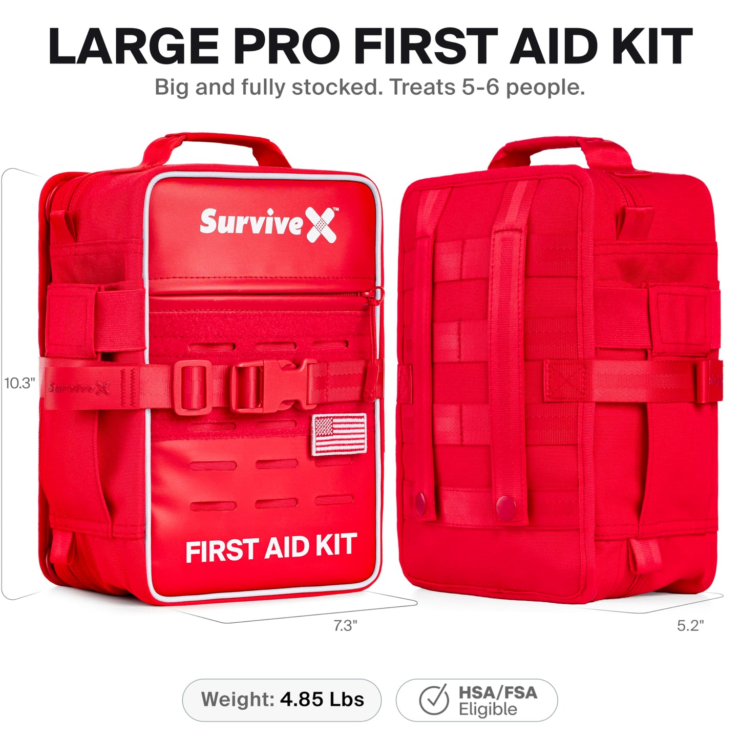 SurviveX Large Pro First Aid Kit for Car, Travel & Home - Emergency Kit for Hiking, Camping, Backpacking and Outdoors - Includes Zip Stitch Wound Closure Strips