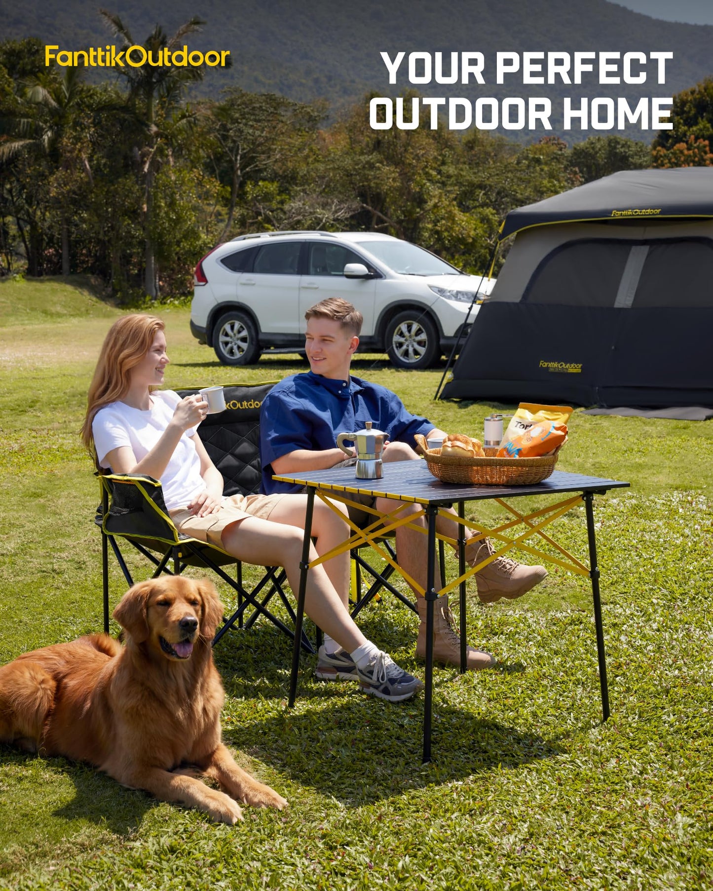 FanttikOutdoor Zeta L11 Duo Pro Double Camping Chair, 2 Person Portable Folding Couch, High Strength Loveseat with Cup Holder & Carry Bag for Travel, Games, BBQ, Backyard, Support up to 600 lbs, Black