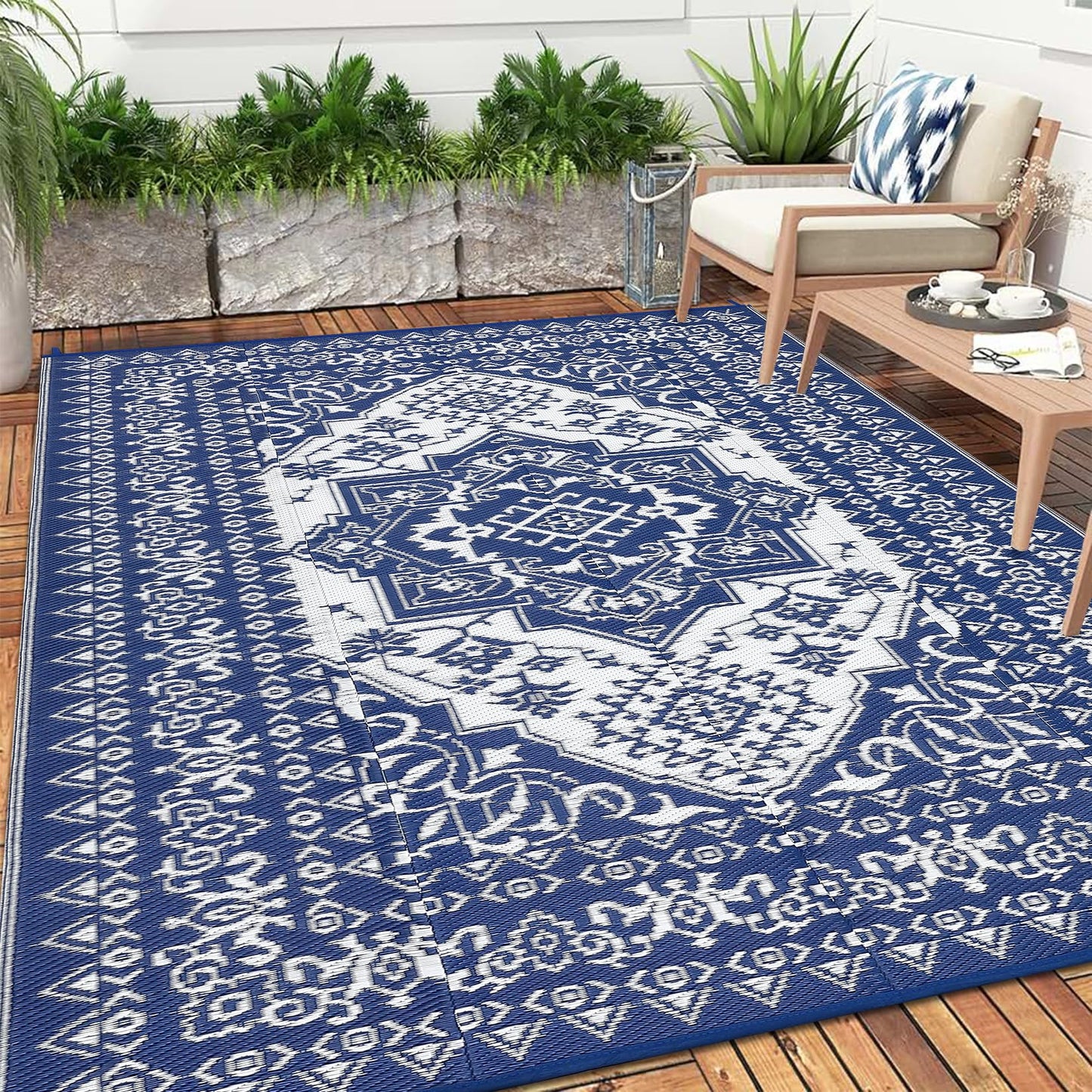 GarveeHome Large Outdoor Rug 9x18 Waterproof Reversible Mat Palm Retro Oriental Camping Rugs Indoor Outdoor Rugs Carpet Plastic Straw Rug for Patio Deck Balcony Pool RV Camping, Dark Blue and White
