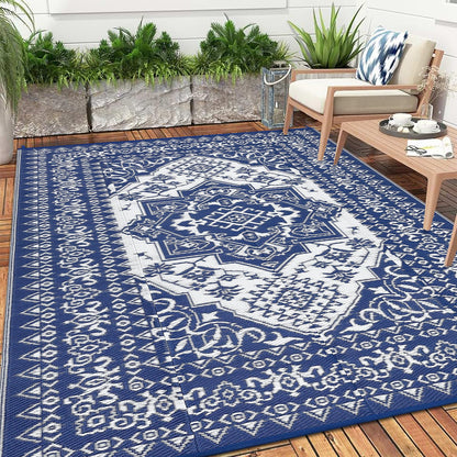 GarveeHome Large Outdoor Rug 9x18 Waterproof Reversible Mat Palm Retro Oriental Camping Rugs Indoor Outdoor Rugs Carpet Plastic Straw Rug for Patio Deck Balcony Pool RV Camping, Dark Blue and White