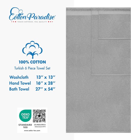 Cotton Paradise 6-Piece Towel Set - 100% Soft Absorbent Turkish Towels in Light Gray | Bath, Hand & Washcloths