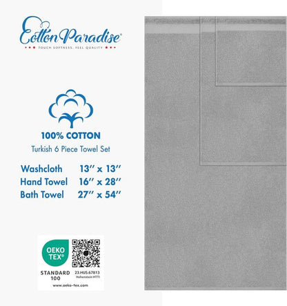 Cotton Paradise 6-Piece Towel Set - 100% Soft Absorbent Turkish Towels in Light Gray | Bath, Hand & Washcloths
