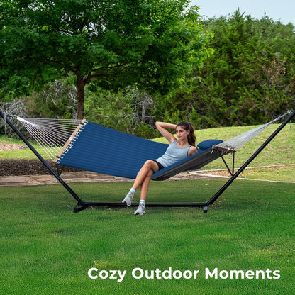 SUPERJARE Hammock with Stand, 2 Person Quilted Outdoor Hammock, Detachable Pillow & Bamboo Spreaders, Portable Hammock with Carrying Bag, Heavy Duty Stand, Perfect for Outside, Patio, Navy Blue