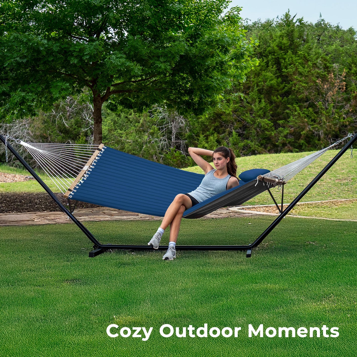 SUPERJARE Hammock with Stand, 2 Person Quilted Outdoor Hammock, Detachable Pillow & Bamboo Spreaders, Portable Hammock with Carrying Bag, Heavy Duty Stand, Perfect for Outside, Patio, Navy Blue