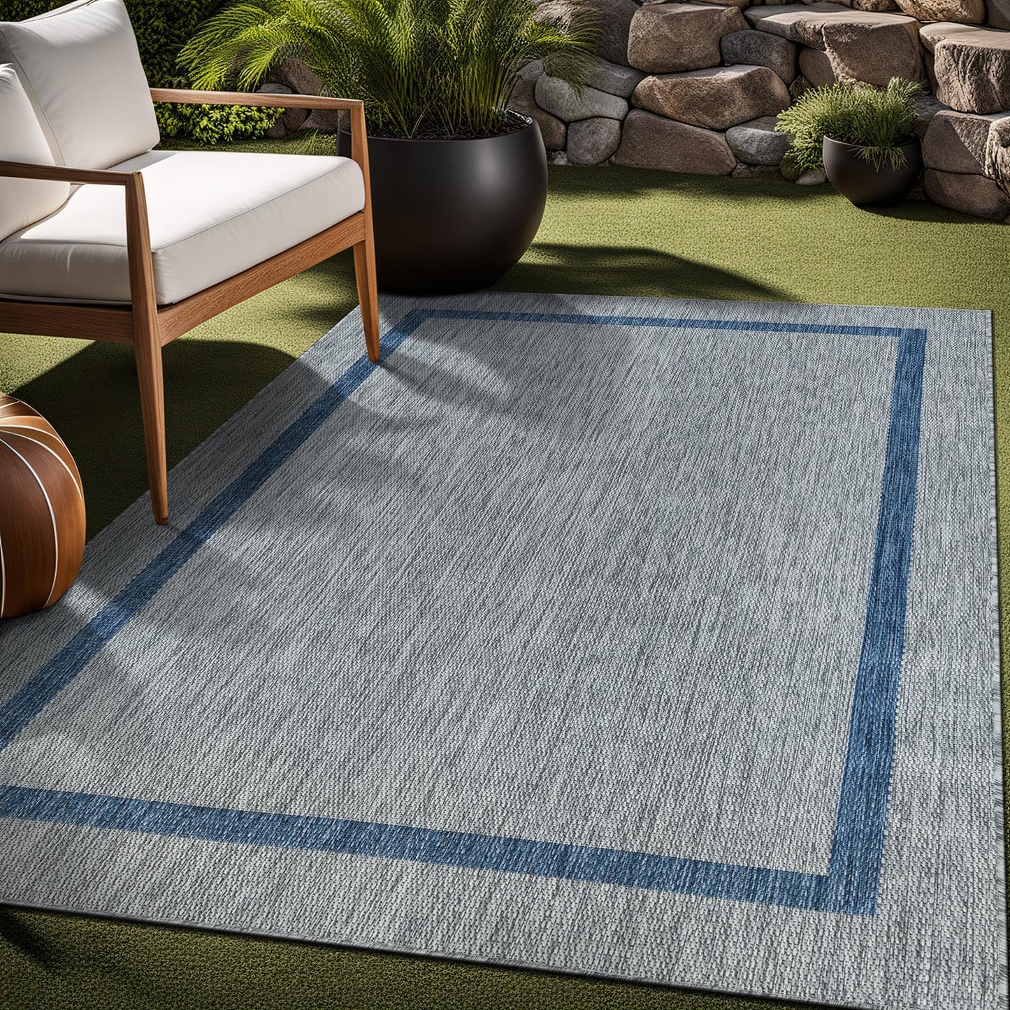 Luul Home Bordered Outdoor Rug 9x12 Washable Outside Carpet for Indoor Patio Porch Waterproof Easy Cleaning Non Shedding Area Rugs Silver Gray - Blue 9 x 12