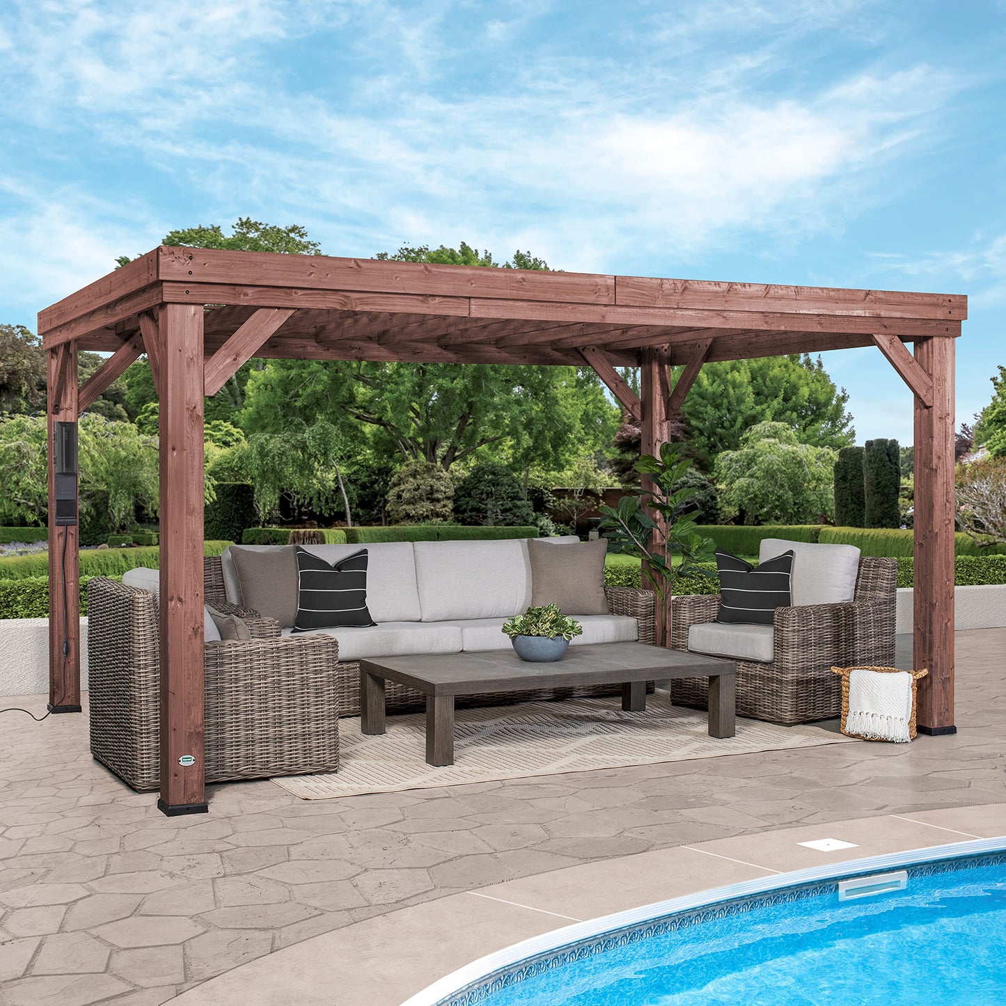 Backyard Discovery Brockton 14' x 10' Modern Cedar Wood Pergola Kit with All-Season Durability, High-Wind Rating, Concrete Anchors, PowerPort, Shade for Outdoor Patio, Deck, Garden, and Entertaining