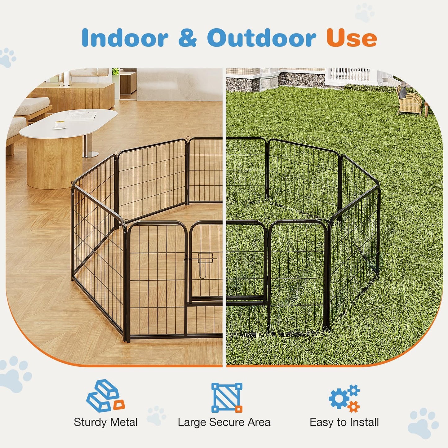 40” Heavy Duty 8-Panel Metal Pet Playpen | Indoor/Outdoor Dog Exercise Pen with Door – for Puppies, Small to Large Dogs, Rabbits | Ideal for Camping, Yard & Garden Use