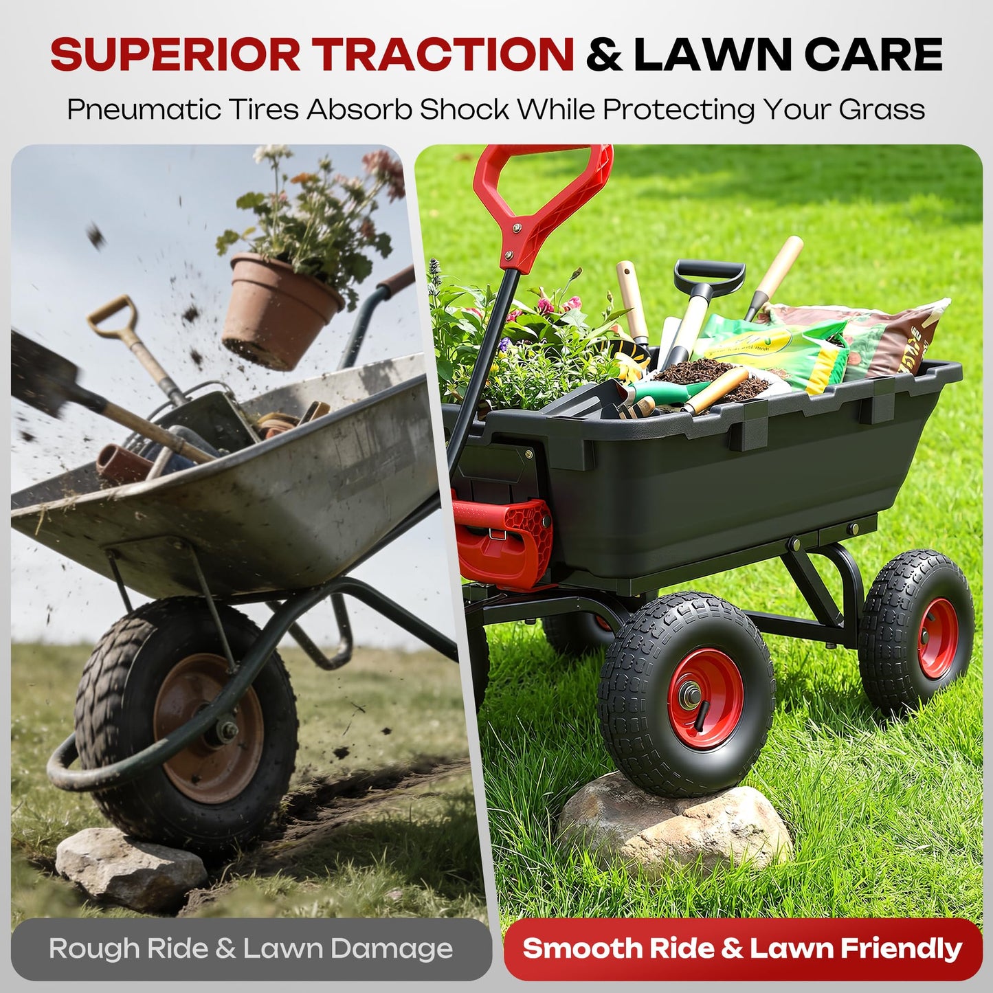 Autodaya 900LB Garden Dump Cart, 2026 Upgraded Heavy Duty Wheelbarrow Cart with 10" Non-Slip Pneumatic Tires & Quick-Release System, 4-Wheel Steel Frame Wagon for Transportation in Yard, Farm, Garden