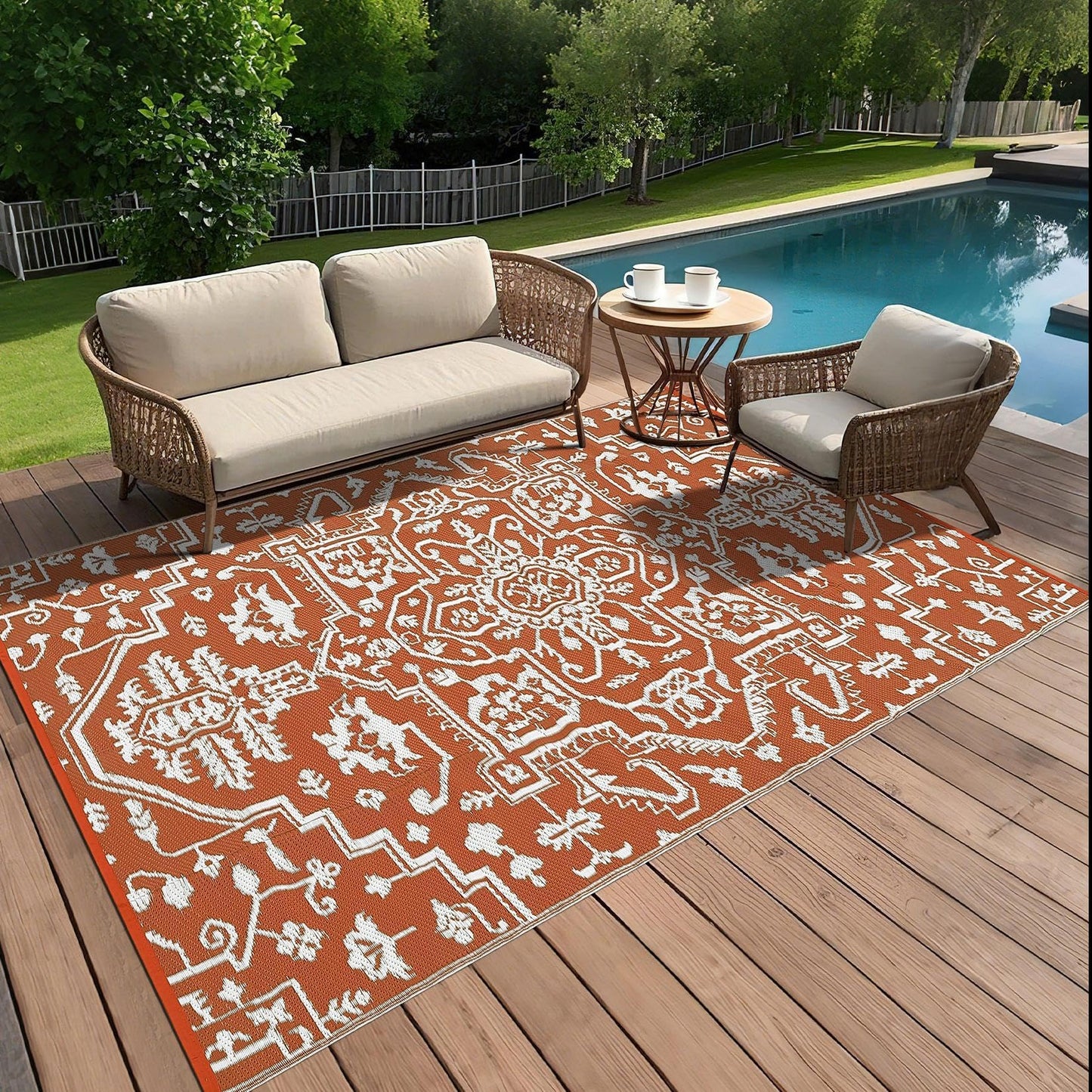 IDEALHOUSE Outdoor Rug 9x18 Ft, Waterproof Plastic Reversible Rug, Persian Style Camping Mat for Outdoors, RV, Patio, Backyard, Deck, Picnic, Beach, Trailer(Orange Red & White)