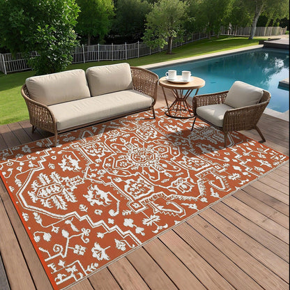 IDEALHOUSE Outdoor Rug 9x18 Ft, Waterproof Plastic Reversible Rug, Persian Style Camping Mat for Outdoors, RV, Patio, Backyard, Deck, Picnic, Beach, Trailer(Orange Red & White)