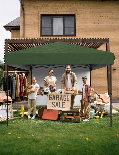 10x10 Pop Up Canopy with 3 Sidewalls - Outdoor Canopy Tent with Portable Roller Bag - One Button Push Setup, 3 Adjustable Height, 4 Weight Bags, 8 Stakes & 4 Guy Ropes Included, Green