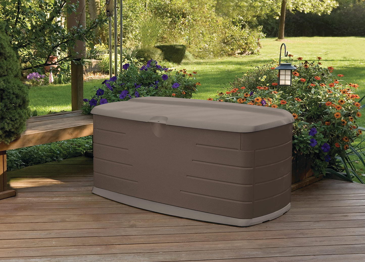 Rubbermaid Large Resin Outdoor Storage Deck Box with Seat (90 Gal), Weather Resistant, Brown, Deck Organization for Home/Backyard/Pool Chemicals/Toys/Garden Tools/Porch/Patio Cushions
