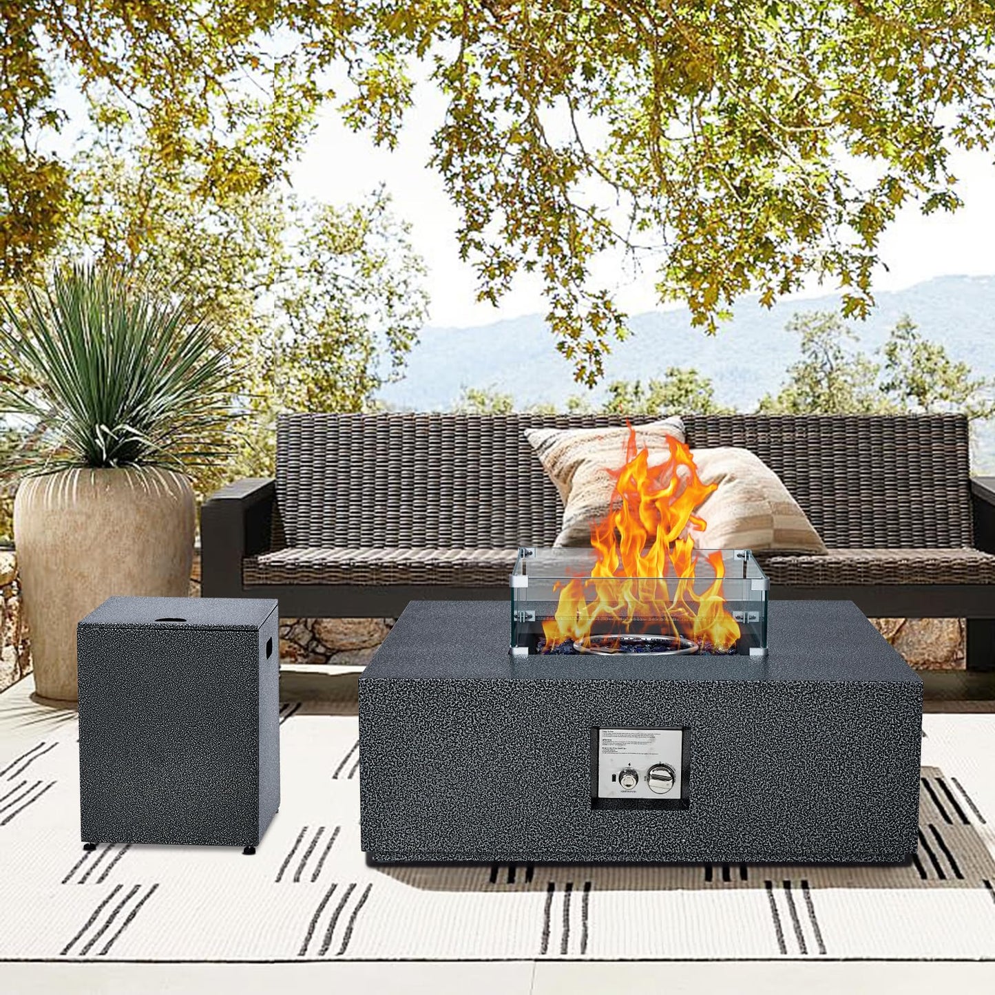 50000 BTU Propane Fire Pit Table, 36 in Outdoor Gas Fire Pit Table with 16 in Propane Tank Cover, Wind Guard, Glass Rocks & Rain Cover for Garden Backyard Deck Patio