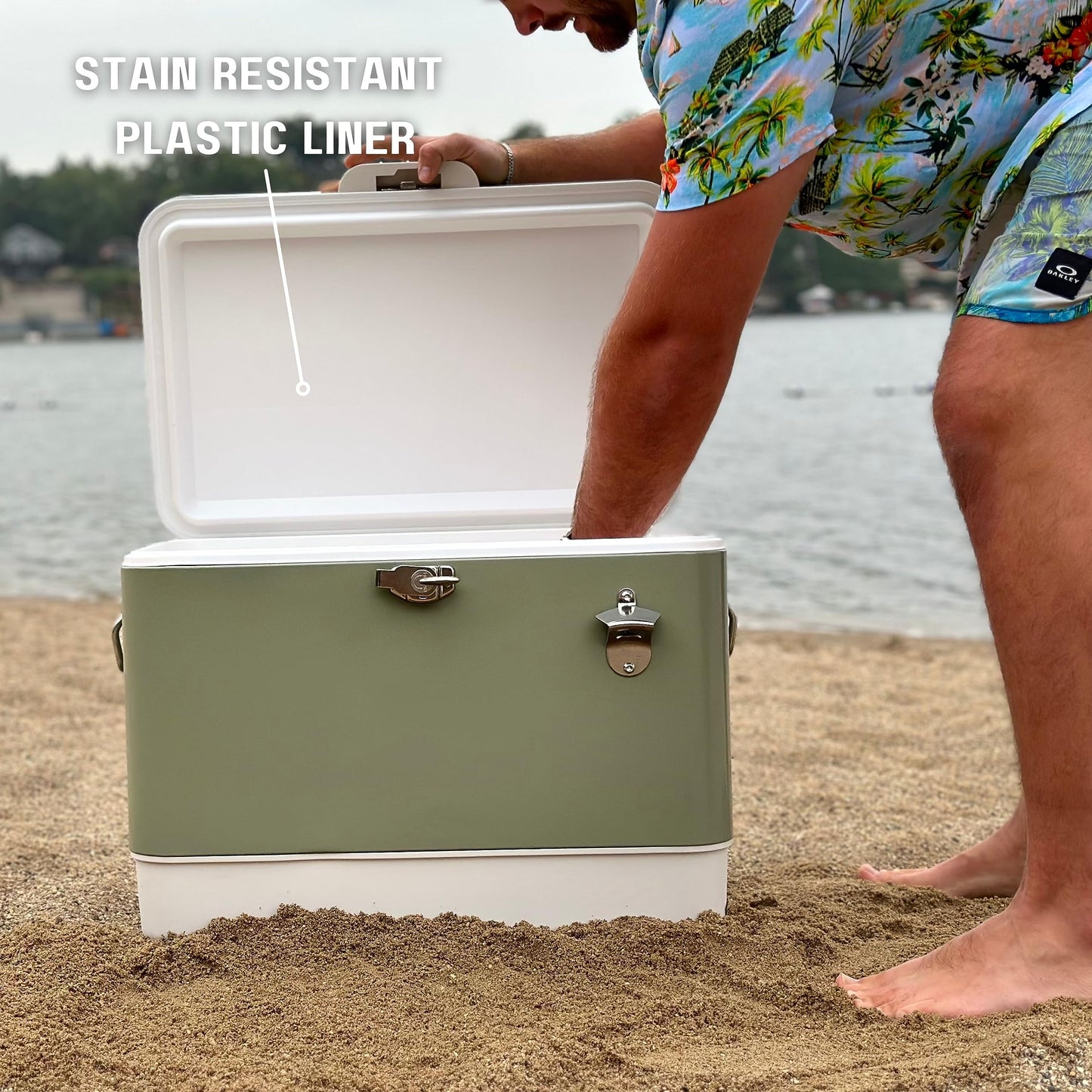 FSE Hard-Sided 54 Qt Metal Cooler, 80 Can Vintage Ice Chest, Durable Two-Tone Design with Latch Lid, Built-in Bottle Opener, Plastic Liner & Side Handles, Green/Cream