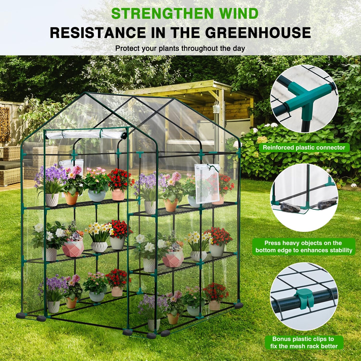 Yesker Greenhouse 57.5"x57"x77" Walk In Green House - Large Outdoor/Indoor Greenhouses with 8 Shelves Waterproof PVC Cover & Windows, Portable Greenhouse Kit for Winter Backyard Gardening Patio, Clear