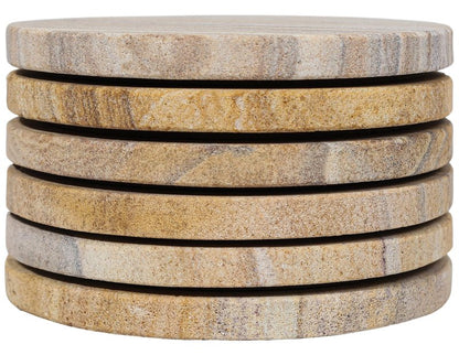 Marbco Sandstone Water Absorbent Hand Crafted Round Coasters for Drinks - 4 Inches Wide Thirsty Stone Bar/Drink Coasters- Made from Rainbow Sandstone (Set of 6 Without Holder)