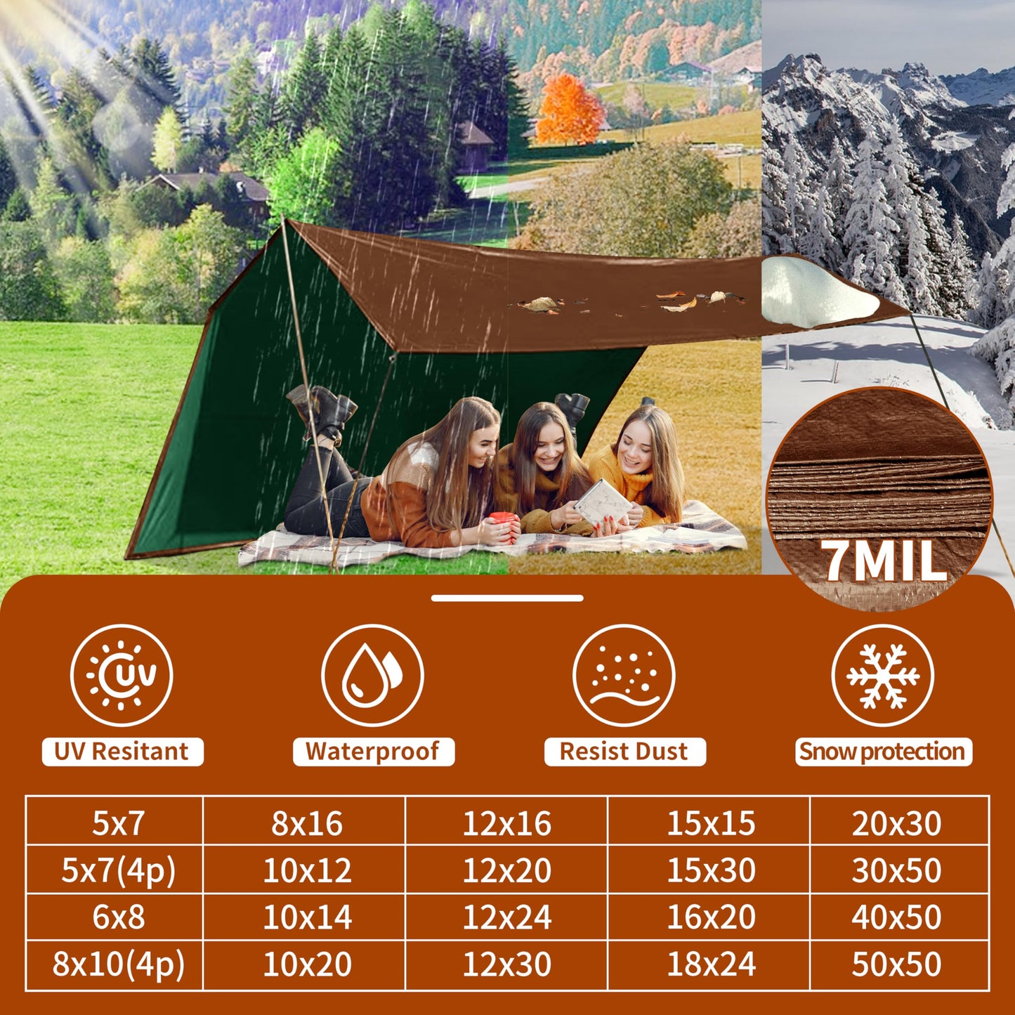 Tarp 40x50 ft 100% Waterproof 7mil Durable Grommets and Reinforced Edges,Uv Resistant,Green/Brown Tarp,Emergency Rain Shelter,Outdoor Cover and Camping Use -by MVPNET