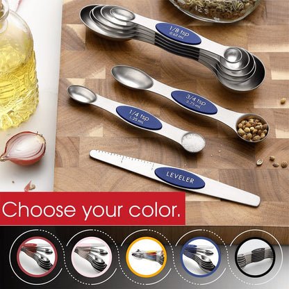 Spring Chef Stainless Steel Magnetic Measuring Spoons Set of 8 with Leveler, Heavy Duty Teaspoon & Tablespoon Measuring Spoons With Strong N45 Magnets, Kitchen Gadgets for Baking & Cooking - Sapphire